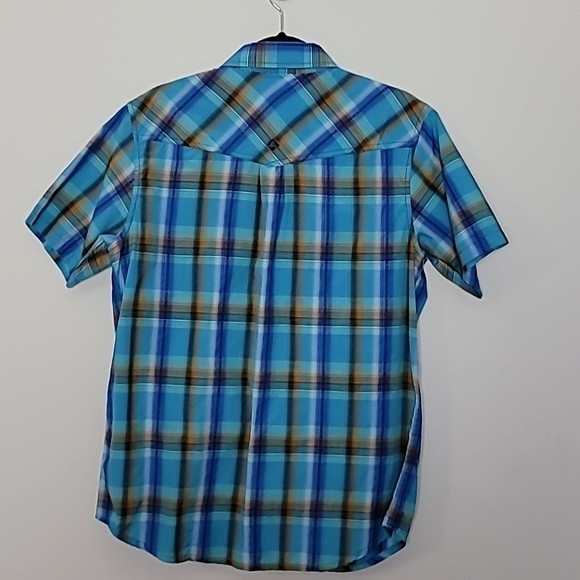 Prana snap button plaid shirt Sz M Blue Short sleeve - Picture 4 of 6